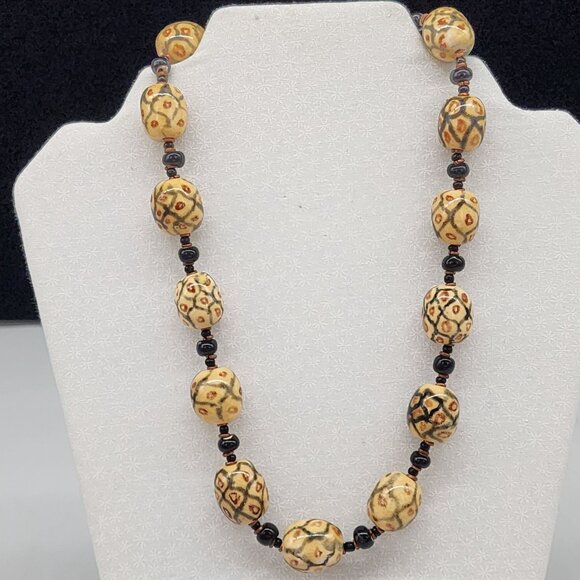 Handmade Jewelry - Vintage Tribal Inspired Ceramic Beaded Necklace With Black & Copper Accents